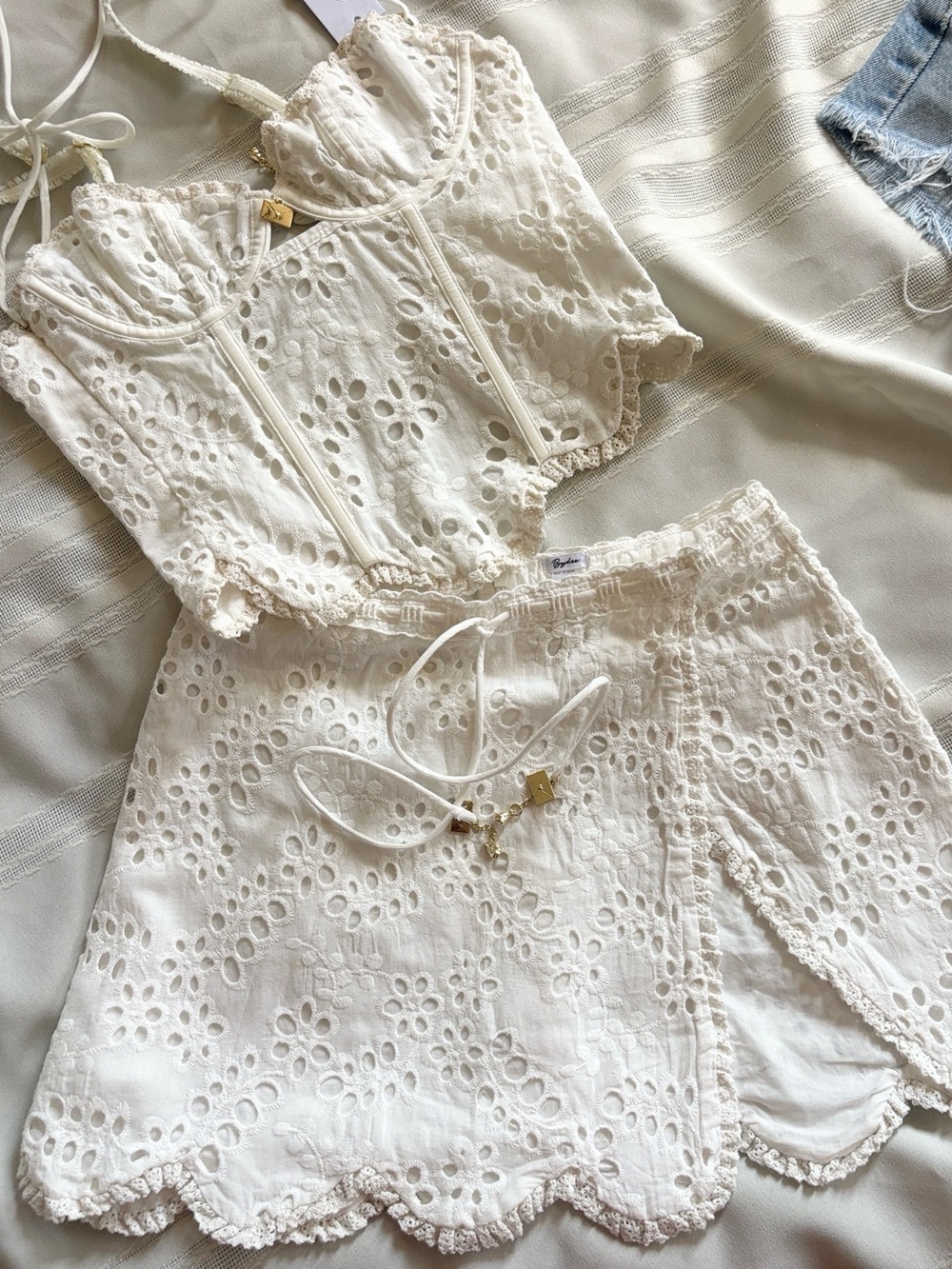 ❤️… Bydee  Zoi Luna Cream Eyelet Two-Piece  Coset Top Skirt Set Xs